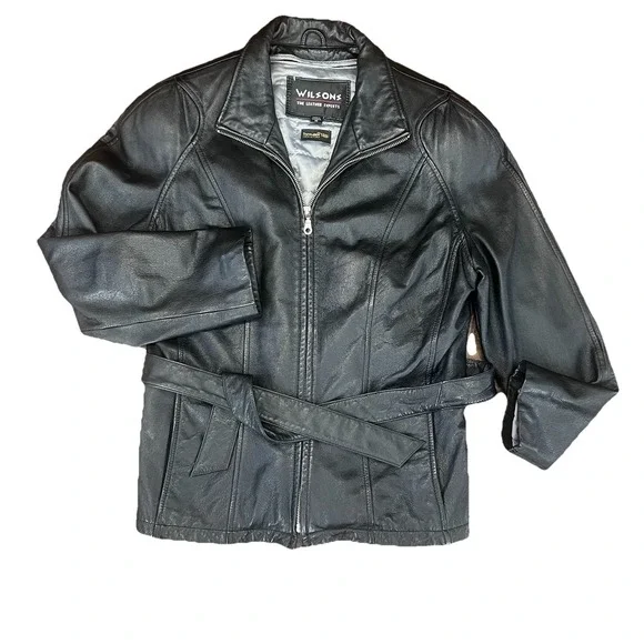 Y2k Wilsons Leather‎ Cropped Moto Jacket Thinsulate Woman M Black Belted Vtg 90s - Picture 2 of 15